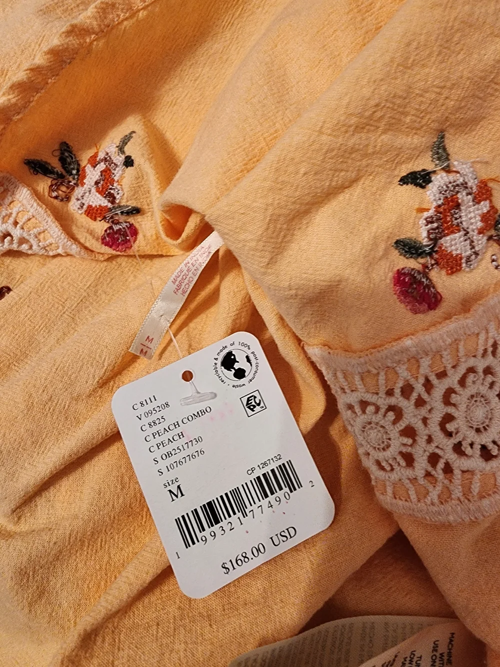 Free People Make Me Yours Embroidered Boho Crop Blouse Top Peach Size M NWT